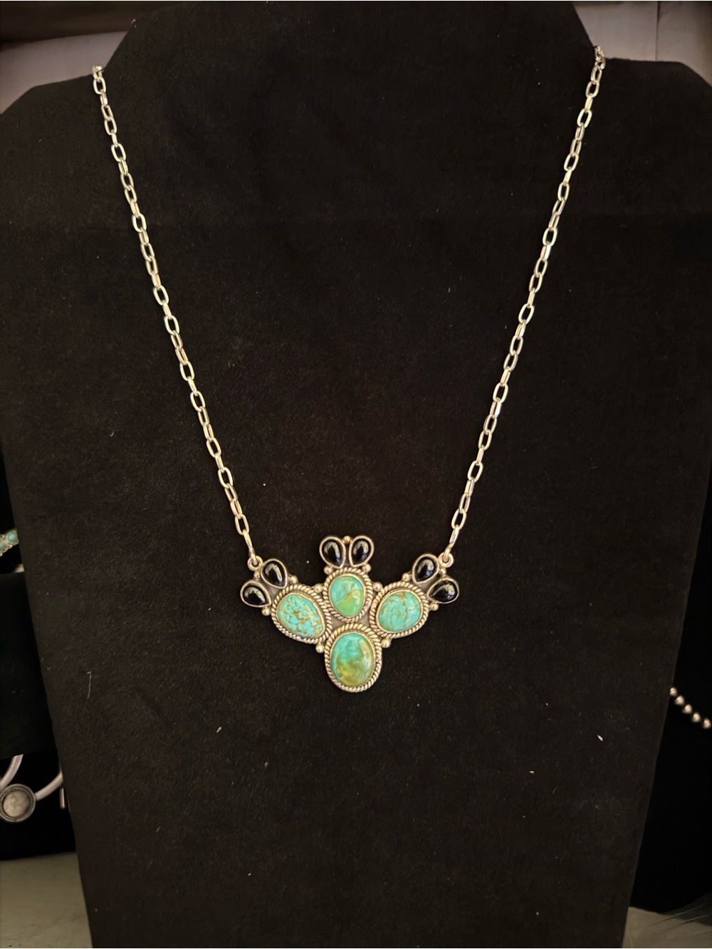 925 Sterling Silver Kingman Turquoise and Black Onyx Cactus Pendant Necklace